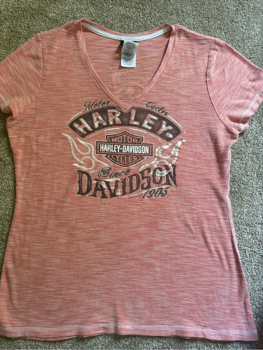 Harley-Davidson Coral and White Striped V-Neck Tee